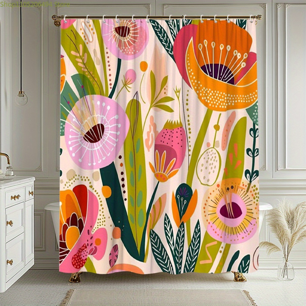 Home Bathroom Ideas - 활기 넘치는 꽃무늬 샤워 커튼, 추상적인