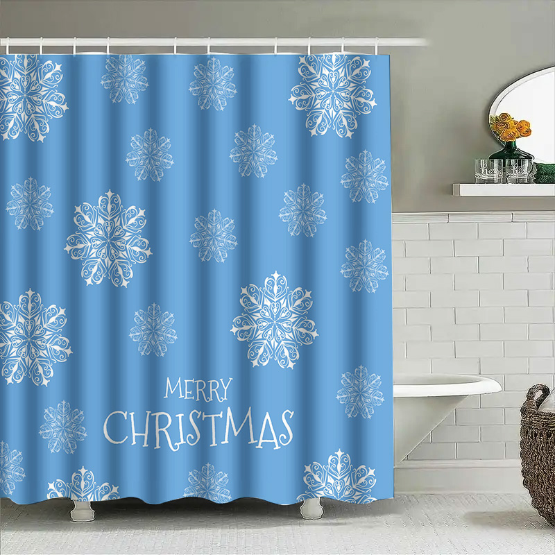 Home Bathroom Ideas - 크리스마스 샤워 커튼 눈송이 블루 욕실