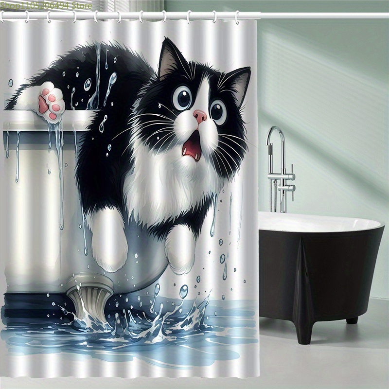 Home Bathroom Ideas - 욕조에서 뛰어나오는 재미있는 고양이 샤워커튼, 귀여운