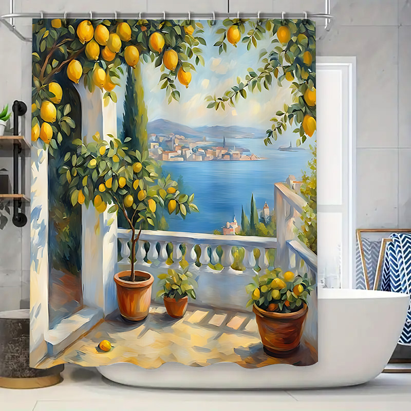 Home Bathroom Ideas - 지중해 레몬 가든 샤워 커튼, 해안