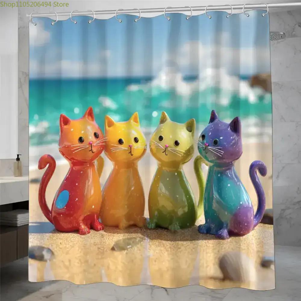 Home Bathroom Ideas - 화려한 무지개 고양이 샤워 커튼 해변에서의