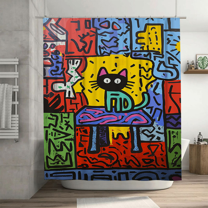Home Bathroom Remodel - 추상 고양이 디자인을 특징으로 하는 밝은