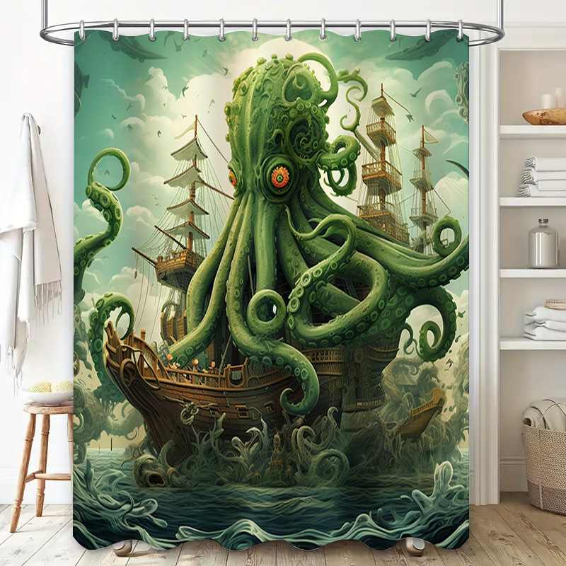 문어 선박 샤워 커튼 초현실적 인 해양 장식 녹색 파란 - Home Bathroom Ideas 리뷰 및 가격