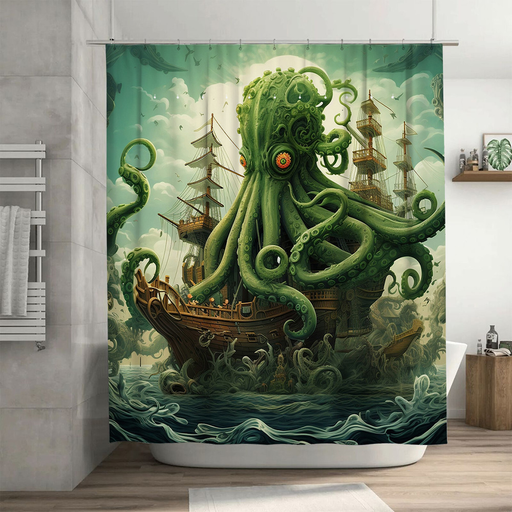 문어 선박 샤워 커튼 초현실적 인 해양 장식 녹색 파란 - Home Bathroom Ideas 리뷰 및 가격