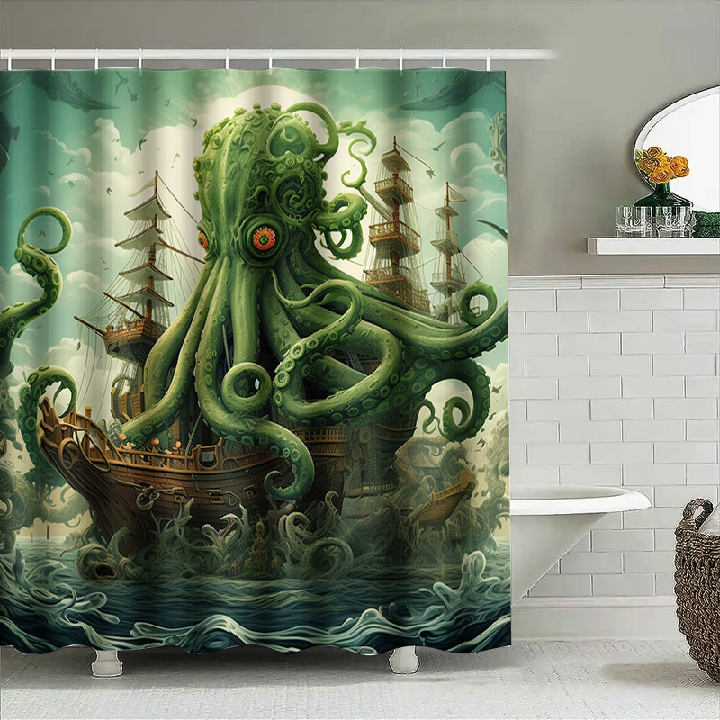 문어 선박 샤워 커튼 초현실적 인 해양 장식 녹색 파란 - Home Bathroom Ideas 리뷰 및 가격