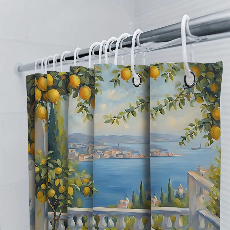 지중해 레몬 가든 샤워 커튼, 해안 빌라 뷰 디자인,  - Home Bathroom Ideas 리뷰 및 가격
