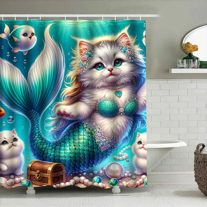 샤워 커튼 인어 고양이 물고기 꼬리 장식 방수 홈 욕실 - Home Bathroom Ideas 리뷰 및 가격