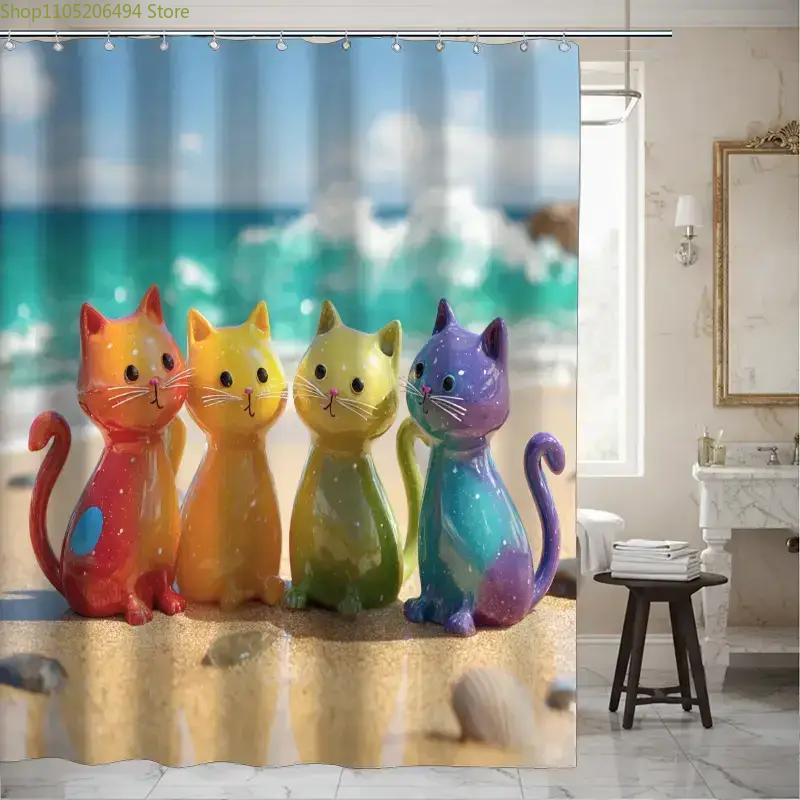 화려한 무지개 고양이 샤워 커튼 해변에서의 귀여운 만화 - Home Bathroom Ideas 리뷰 및 가격