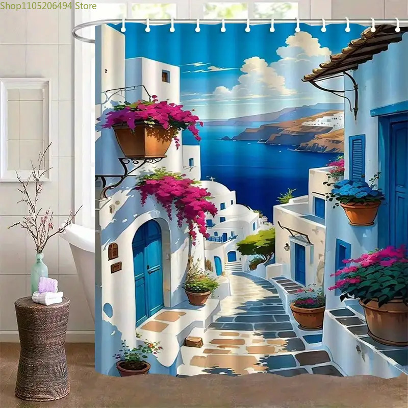 산토리니 그리스 섬 샤워 커튼 블루 화이트 마을 바다  - Home Bathroom Ideas 리뷰 및 가격