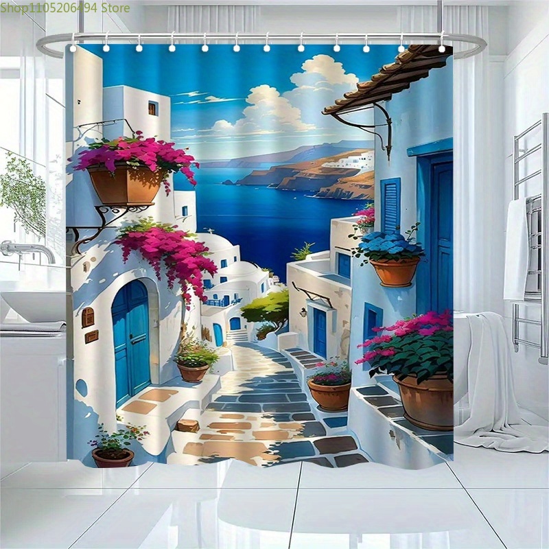 산토리니 그리스 섬 샤워 커튼 블루 화이트 마을 바다  - Home Bathroom Ideas 리뷰 및 가격